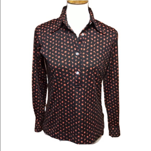 Vintage Tops - Black n orange 70s colorful bright shirt